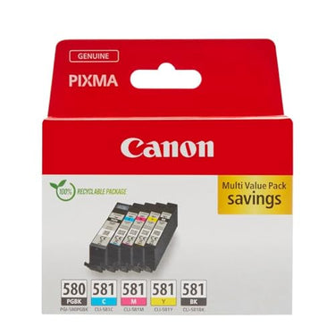 Canon Tinten-Multipack - PGI-580/CLI-581 Original Drucker-Tintenpatronen 5er-Pack (1 x Schwarz, 1 x Cyan, 1 x Magenta, 1 x Gelb & 1 x Schwarz) - Kompatibel PIXMA Druckern im Sale